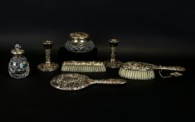 Modern Silver Dressing Table Set, To Include Two Candle Holders,