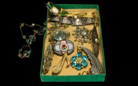 A Mixed Collection Of Costume Jewellery To include Palestine silver bracelet, mosaic brooch,