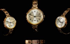 Ladies 1930's Unitas 9ct Gold Cased - Mechanical Jeweled Wrist Watch with Attached 9ct Gold