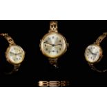Ladies 1930's Unitas 9ct Gold Cased - Mechanical Jeweled Wrist Watch with Attached 9ct Gold