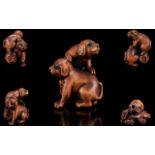 Japanese - Early 20th Century Superb Quality Carved Boxwood Netsuke. Depicts Two Puppies at Play