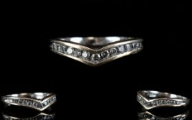 Ladies 9ct White Gold Diamond Set Wishbone Ring, Set with 13 Small Diamonds. Marked 9.375.