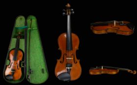 Half Size Violin In Wooden Case With Bow, Re-String, Two Piece Back, Unmarked.