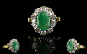 Ladies Very Nice Quality 18ct Gold Set Diamond and Emerald Cluster Ring.