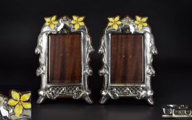 A Fine Pair of Art Nouveau Period - Silver, Enamel and Mahogany Photograph Frames.