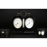 F H Tritschler Paris Ebonised and Brass Cased Desk Clock/ Aneroid Barometer With Thermometer.