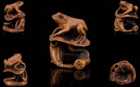 Japanese - 19th Century Superb Quality Carved Boxwood Signed Netsuke. Depicts a Frog / Toad