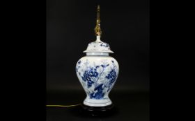 Oriental Style Ceramic Lamp Base Of urn form with traditional hand painted Delft style floral and