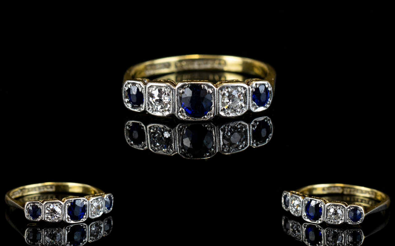Art Deco - Superb and Attractive 18ct Gold and Platinum 5 Stone Sapphire and Diamond Dress Ring.