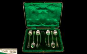 Edwardian Period Boxed Set of Six SIlver Teaspoons and Matching Pair of Sugar Nips.