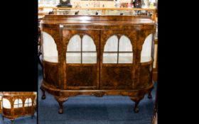 Early 20th Century Break Front Walnut Credenza Astral glazed doors with bow glass sides,