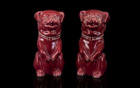 Victorian Period Pair Of Handpainted Ceramic Maroon Pug Dog Figures Fashioned in sitting position,