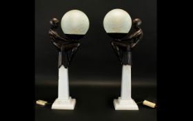 A Pair Of Reproduction Art Deco Figural Lamps French style lamps, the pillar bases of white marble,