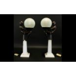 A Pair Of Reproduction Art Deco Figural Lamps French style lamps, the pillar bases of white marble,