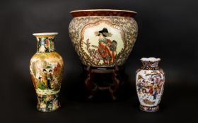 Three Oriental Pieces of Pottery comprising large jardiniere decorated with scenes of a geisha girl