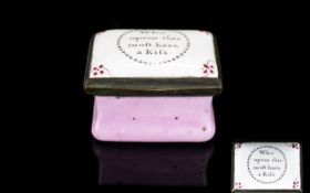 A Bilston Enamel Patch Box Circa 1790's, A small rectangular enamel box with hinged lid, powder pink