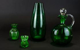 Antique Period 1906 - 1910 Green Flagon Shaped Decanter with Clear Glass Stopper and Handle,