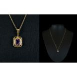 Ladies 9ct Gold Amethyst Set Pendant / Drop with Attached 9ct Chain, Amethyst of Good Colour.