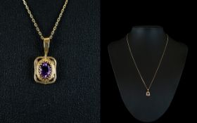 Ladies 9ct Gold Amethyst Set Pendant / Drop with Attached 9ct Chain, Amethyst of Good Colour.