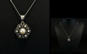 Antique Period White Gold Diamond and Pearl Set Open Worked Pendant of Attractive Form with Later