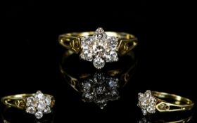 18ct Gold - Nice Quality Diamond Set Cluster Ring, In a Flower head Setting. c.1950's. The