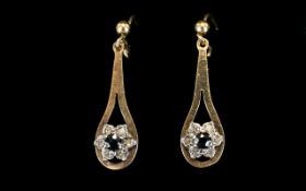 Ladies - Nice Quality 9ct Gold Pair of Diamond and Sapphire Drop Earrings. Fully Hallmarked. 1.