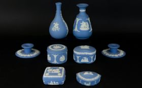 Small Collection of Assorted Blue Wedgwood Jasper Ware (8) items in total. To include a pair of