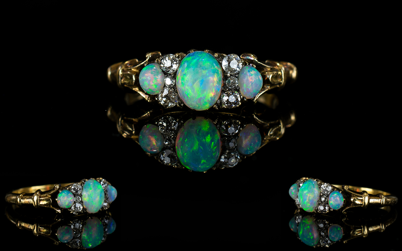 Antique Period - Attractive 18ct Gold Opal and Diamond Set Dress Ring. The Three ( 3 ) Opals Set