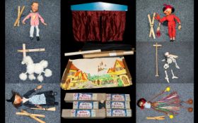 Pelham Puppets and Stage. A collection of six boxed 1950's Pelham puppets to include The Devil,