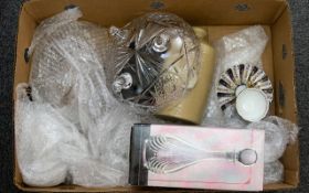 Box Of Assorted Collectables. To Include A Stoneware Hot Water Bottle, Boxed Glass Decanter, Crown