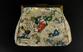 Vintage Chinese Embroidered Evening Bag Clutch bag, circa 1930's with etched gold tone frame and