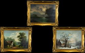 Three Original Oil On Board Paintings Each housed in ornate yellow gilt frames, the first