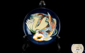 Moorcroft Modern Tube lined Circular Pin Dish ' Fishes ' Design. Date 2002. Designer Sally Tuffin.