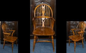 19thC Windsor Arm Chair, Elm & Beech Wheel back Arm Chair With Turned Supports Of Typical Form.