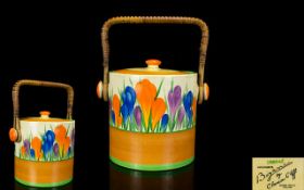 Clarice Cliff Large Hand Painted Round Shaped Lidded Biscuit Barrel, In The ' Crocus ' Design.