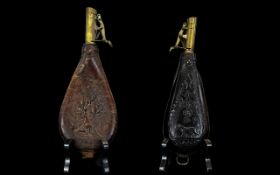 American - 19th Century Leather Shot Bags with Brass Shots. Leather with Embossed Images of Dogs