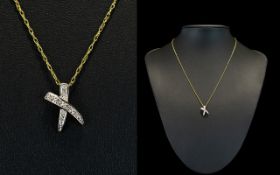 Ladies 9ct Gold Illusion Set Diamond X Star Designed Pendant Drop with Attached 9ct Gold Trace