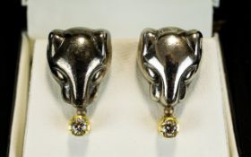 Elle Collection Designer Pair of Silver and Gold Panther Head Diamond Set Earrings.