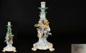 Dresden - Early 20th Century Hand Painted Porcelain Figural Candlestick, Depicts 2 Children with