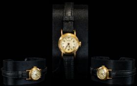 Tenso - Ladies 18ct Gold Case Mechanical Wrist Watch, with Attached Leather Strap. Jeweled Movement,