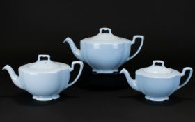 Three Teapots by Johnson Bros England ceramic teapots in 'Greydawn' design powder blue, fluted