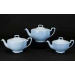 Three Teapots by Johnson Bros England ceramic teapots in 'Greydawn' design powder blue, fluted