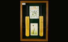 Cricket Interest Framed Display Montage Glazed wall display contains two miniature cricket bats -