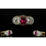 Antique Period - Very Attractive 18ct and Platinum Pave Set 3 Stone Diamond and Ruby Ring.