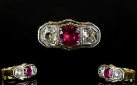 Antique Period - Very Attractive 18ct and Platinum Pave Set 3 Stone Diamond and Ruby Ring.