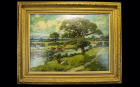 Hurst Balmford ( 1871 - 1950 ) River Wyre Near Great Eccleston. Oil on Canvas Affixed to Card. 21