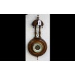 Edwardian Period Well Carved Walnut Banjo Barometer and Thermometer, The Well Shaped Pediment with