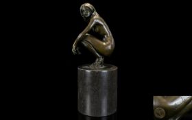 Late 20th Century Bronze Figure / Sculpture of a Young Nude Female, Wearing High Heels. Raised on