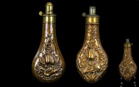 English - James Dixon and Sons - Mid 19th Century Copper Powder Flasks with Brass Trim. Calibrated