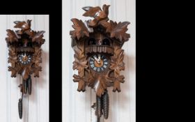 Black Forest - Good Quality Hand Carved Musical Walnut Cuckoo Clock. c.1950's. Decorated with Bird
